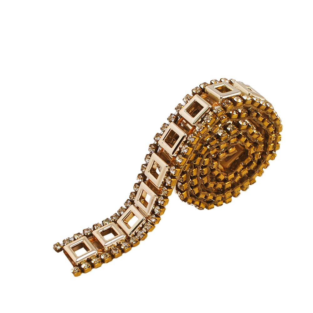 Тесьма стразы клеевые Квадраты 15мм GOLD, белые камни, ярд. Тесьма из страз