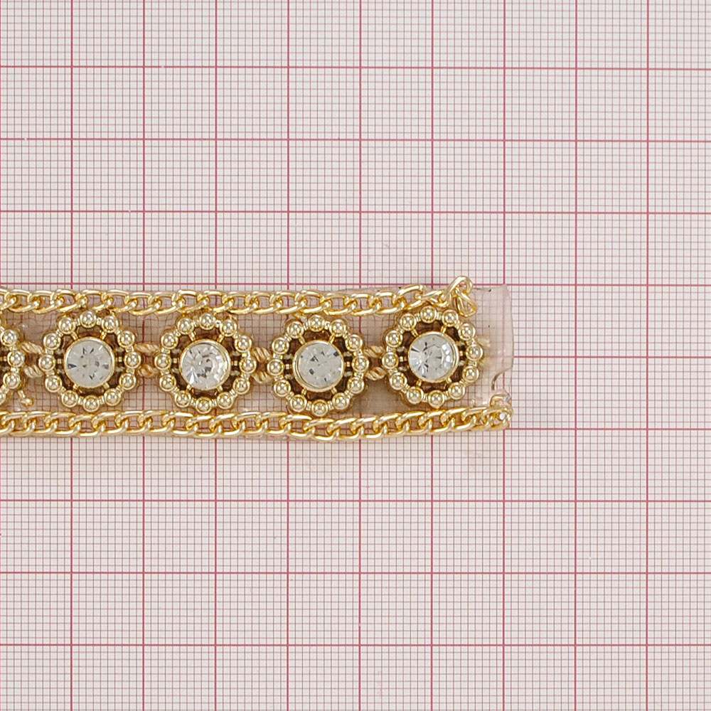 Тесьма стразы клеевые Колеса 20мм цепь GOLD, белые камни 5мм, ярд. Тесьма из страз