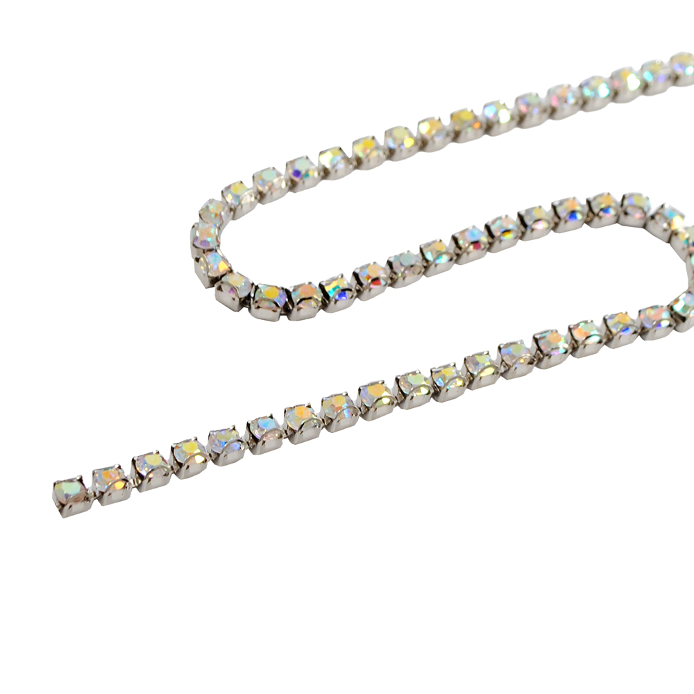 Тесьма стразы Цепь 1 ряд, 0,35см, камни хамелеон, никель, ярд. Тесьма из страз