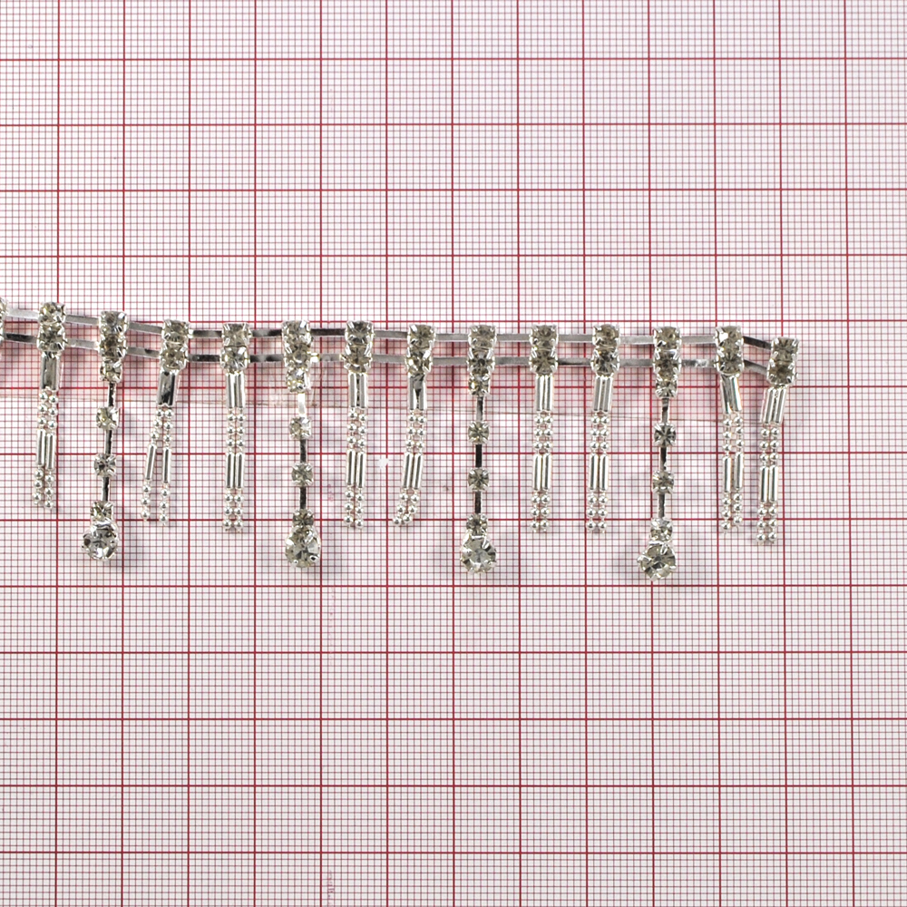 Тесьма стразы Бахрома с двойными подвесками, 3,7см, никель, белый, ярд. Тесьма из страз