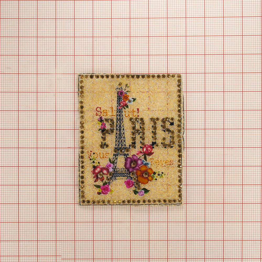 Аппликация клеевая стразы, стеклянная крошка Salut Paris Башня 7*5,5см кремовый, мелкие бусины, топаз камни, шт. Аппликации клеевые Стразы комб.