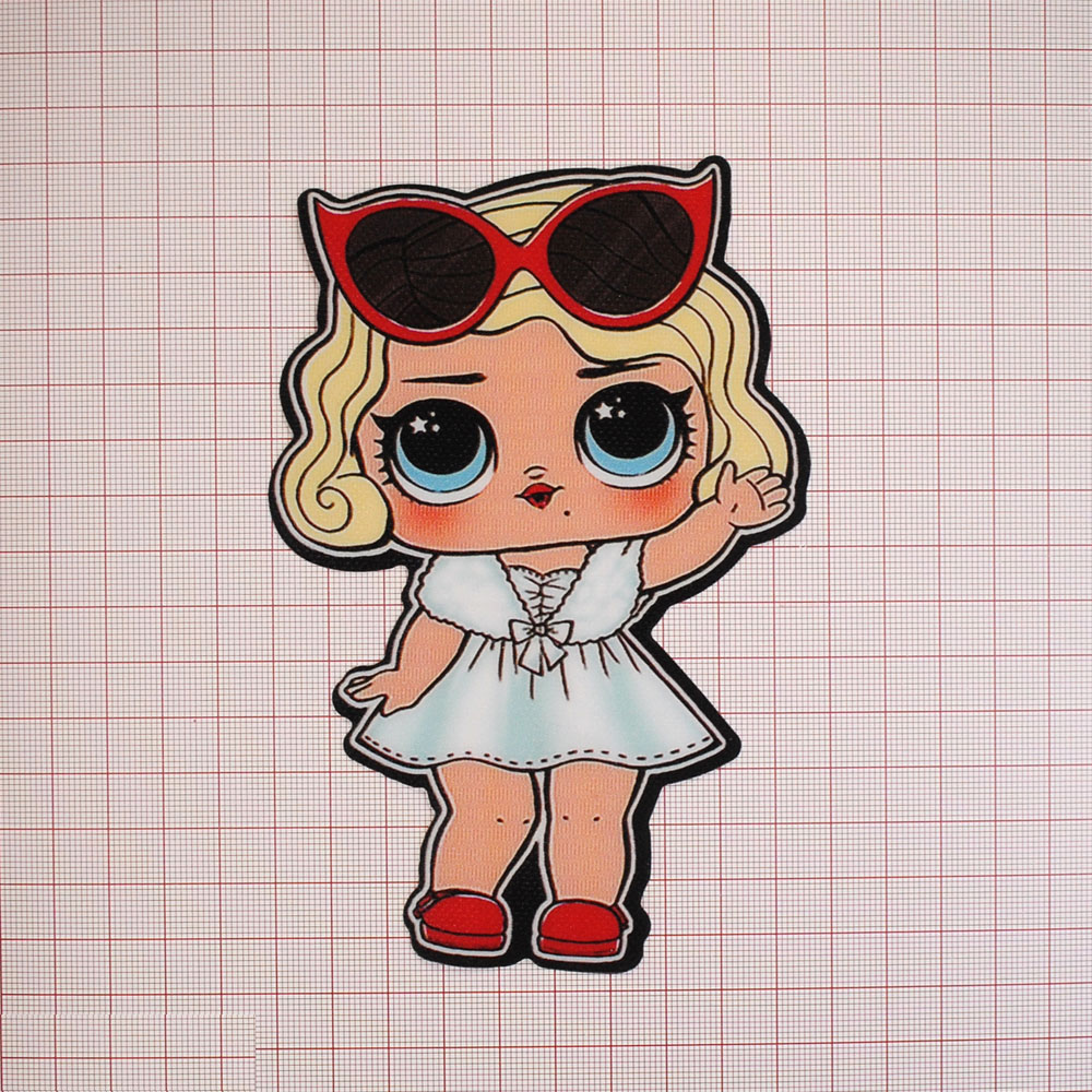 Нашивка глиттер Кукла L.O.L. (кокетка в очках) 14.5*10см голубое платье, шт. Нашивка Глиттер