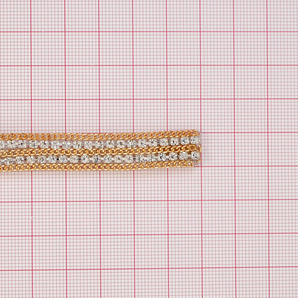 Тесьма стразы клеевые 13мм цепь GOLD, кристалл камни, ярд. Тесьма из страз