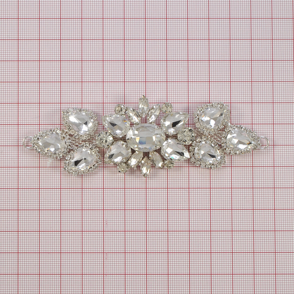 Перетяжка стразы Цветок, 11,5*4см, никель, белые камни, шт. Перетяжка металл со стразами