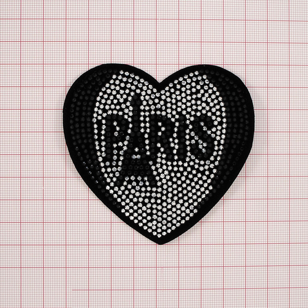 Аппликация пришивная стразы Сердце PARIS 8*8,3см черный и белые камни, шт. Аппликации Пришивные Стразы, Бисер, Металл