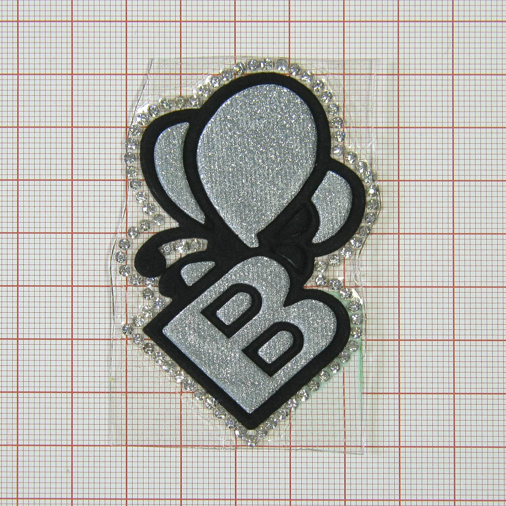 Аппликация клеевая глиттер стразы B Бабочка 6*6см серебро, черный, белые камни, шт. Аппликации клеевые Глиттер