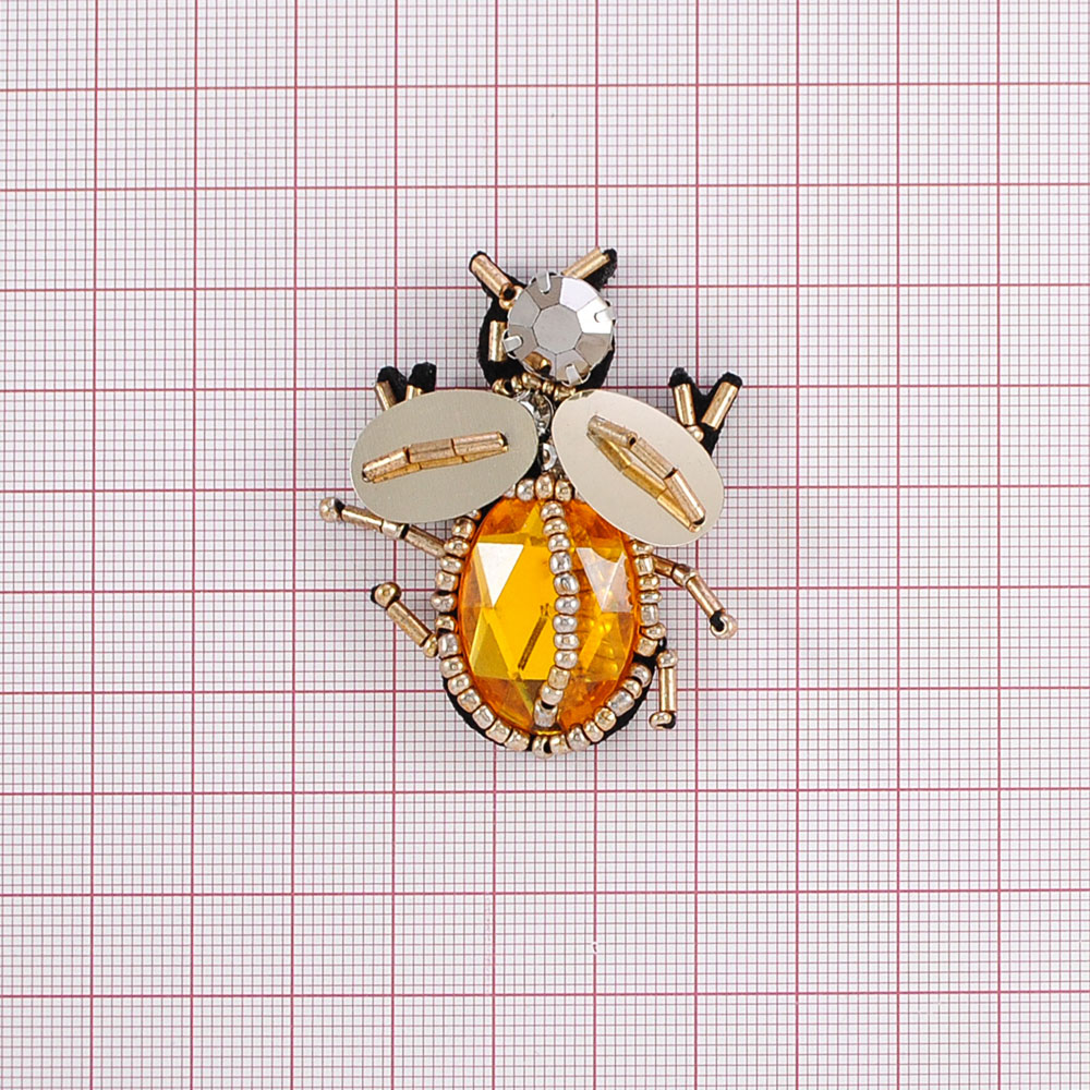 Аппликация пришивная бисер Майский жук 50*40 мм, оранжевый крупный камень, никель, золотой бисер, шт. Аппликации Пришивные Стразы, Бисер, Металл