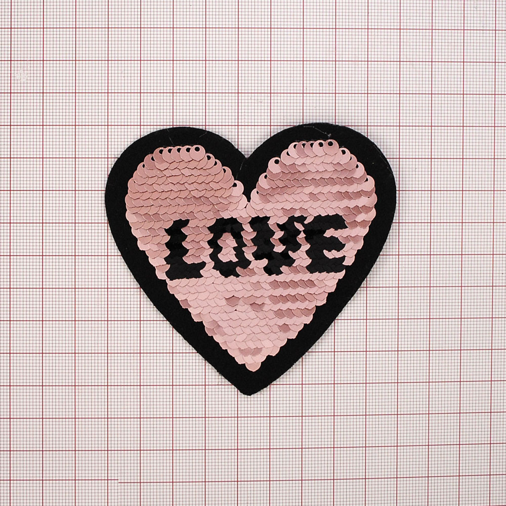 Аппликация клеевая пайетки Сердце LOVE 8,5*8,5см пудра, черный, шт. Аппликации клеевые Пайетки