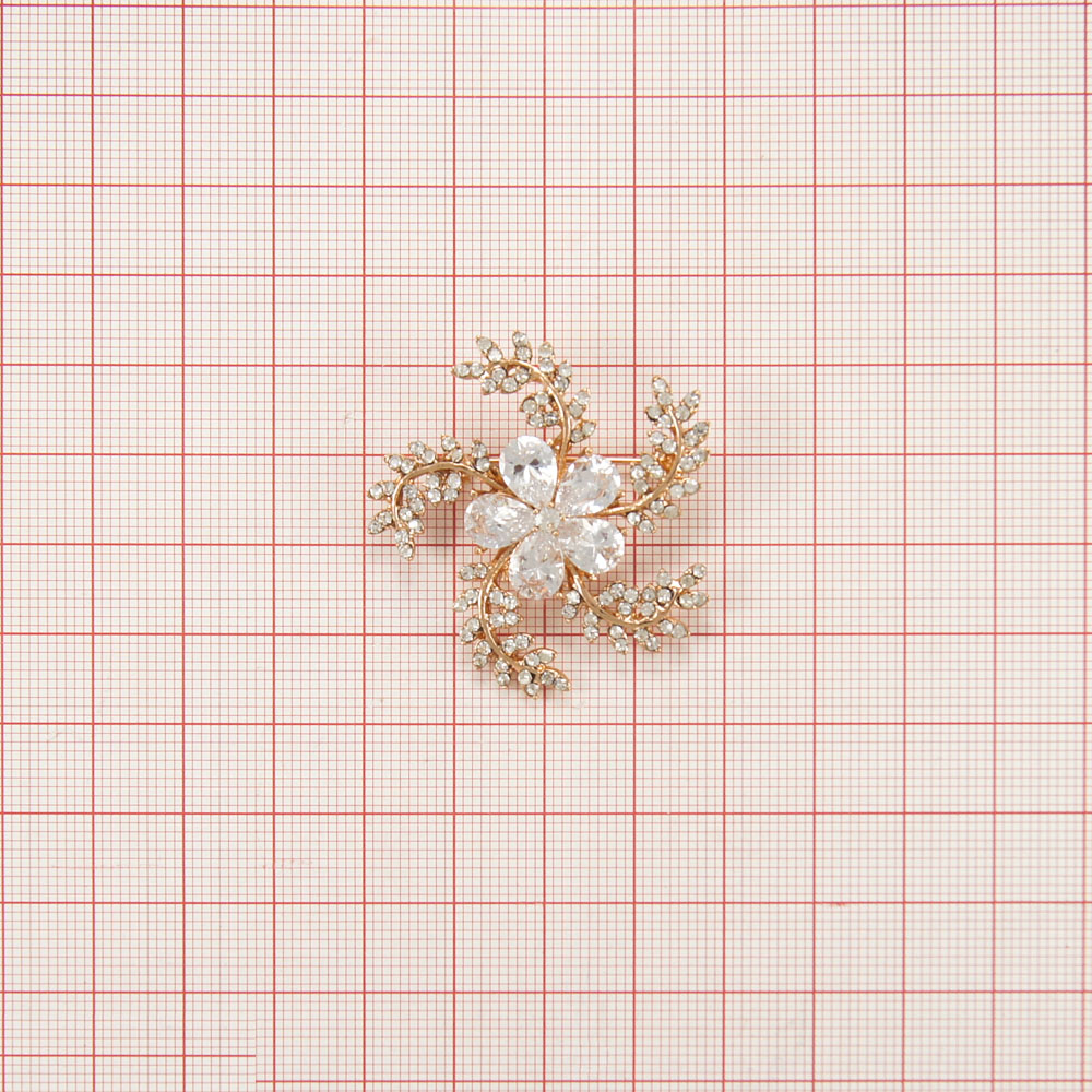 Брошь 23 Цветок-завиток 37*40мм, GOLD, белые камни, шт. Броши