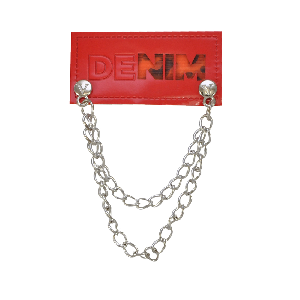Лейба кожзам лаковый с цепочкой DENIM, 3*6см, черный, коричневый, красный фон, никель, шт. Лейба Кожзам