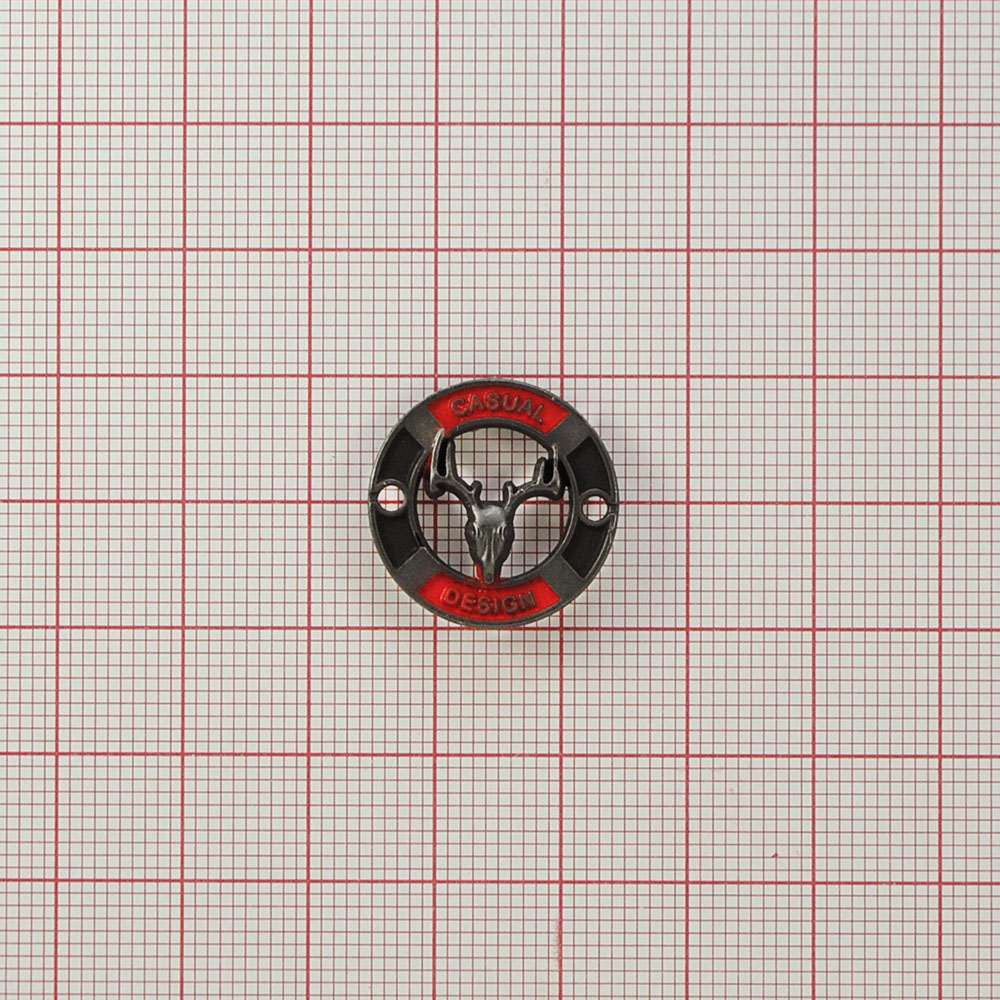 Лейба металл Casual Олень 20мм пришивная, ХРОМ, красный, черная эмаль. Лейба Металл