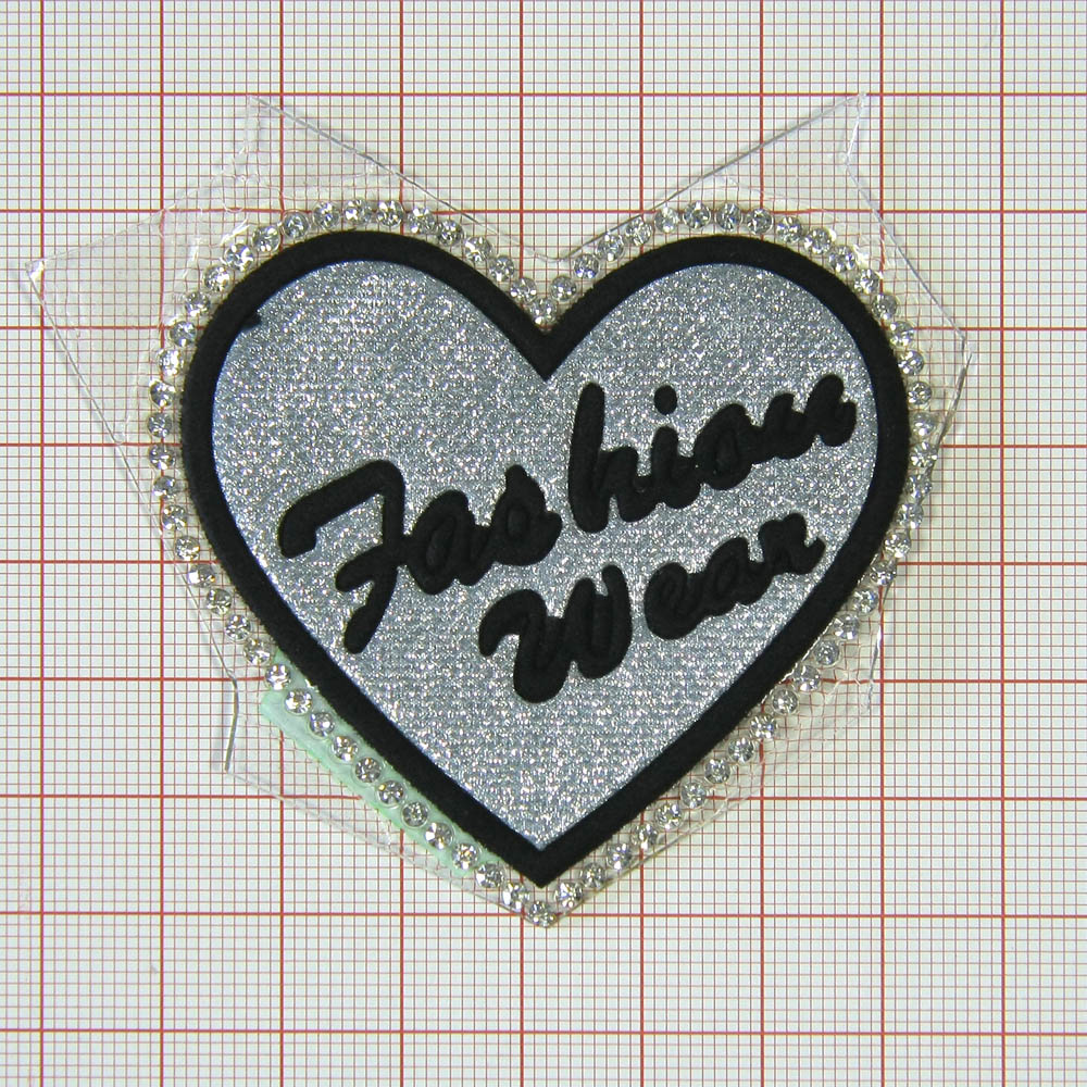 Аппликация клеевая глиттер стразы Сердце Fashion 6*5,5см серебро, черный, белые камни, шт. Аппликации клеевые Глиттер