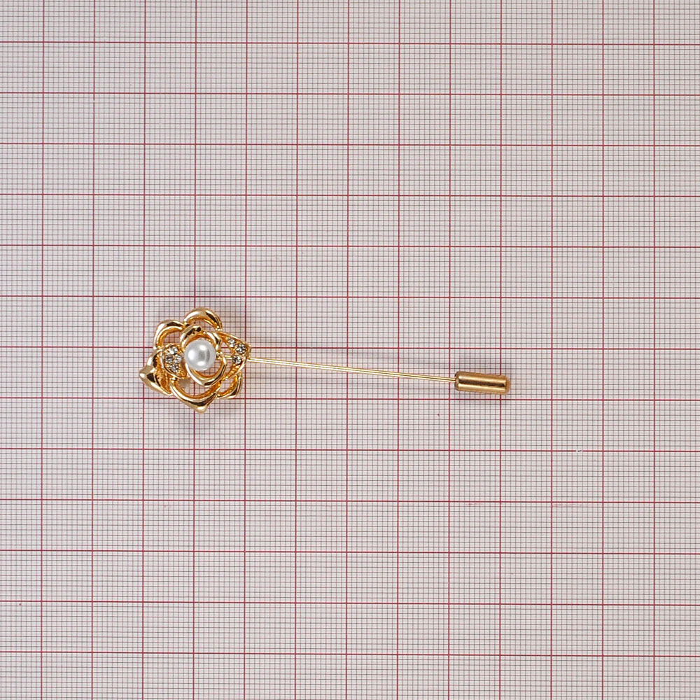 Булавка Роза GOLD, белый жемчуг, белые камни, шт . Булавки