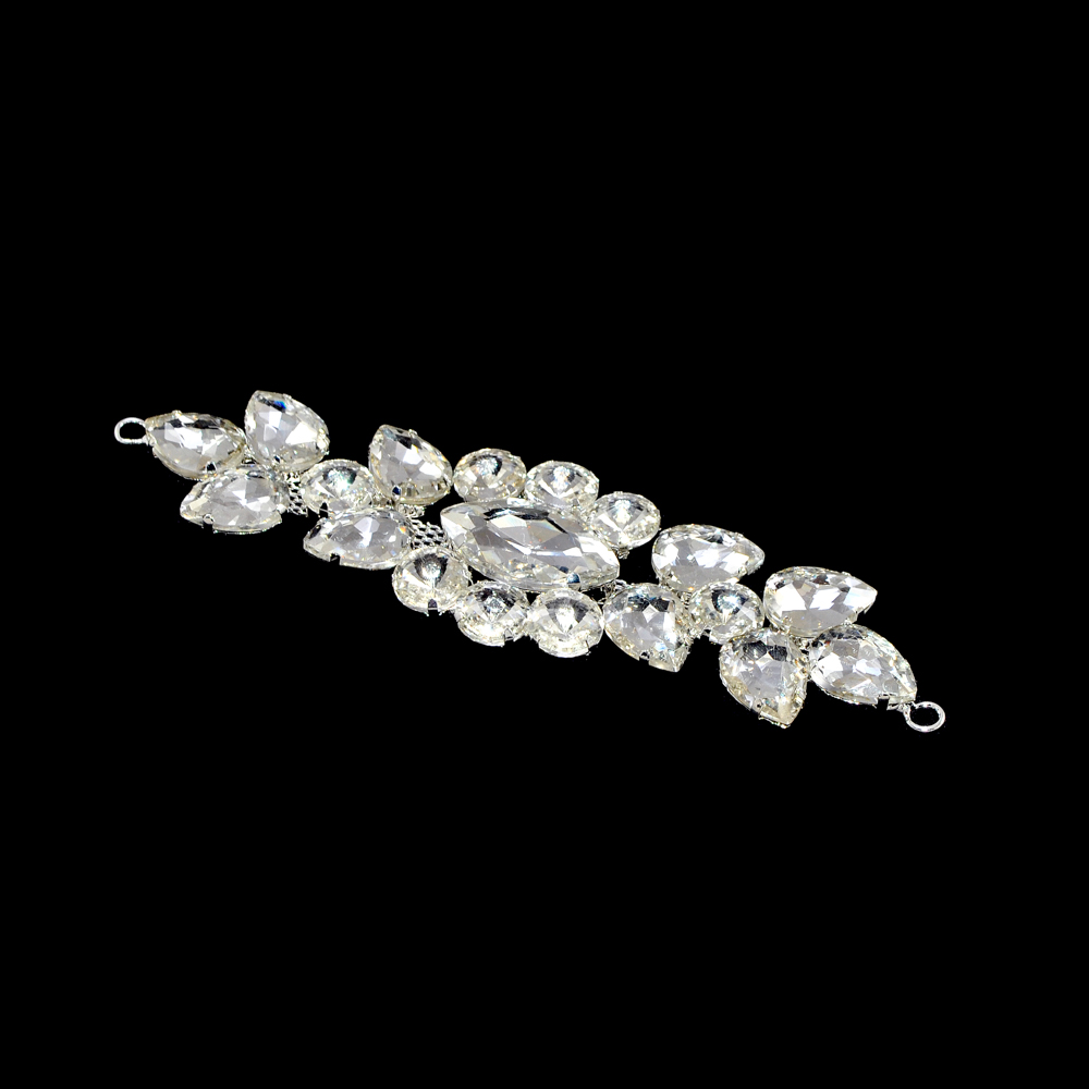 Перетяжка стразы Цветок, 14,5*4см, никель, белые камни, шт. Перетяжка металл со стразами