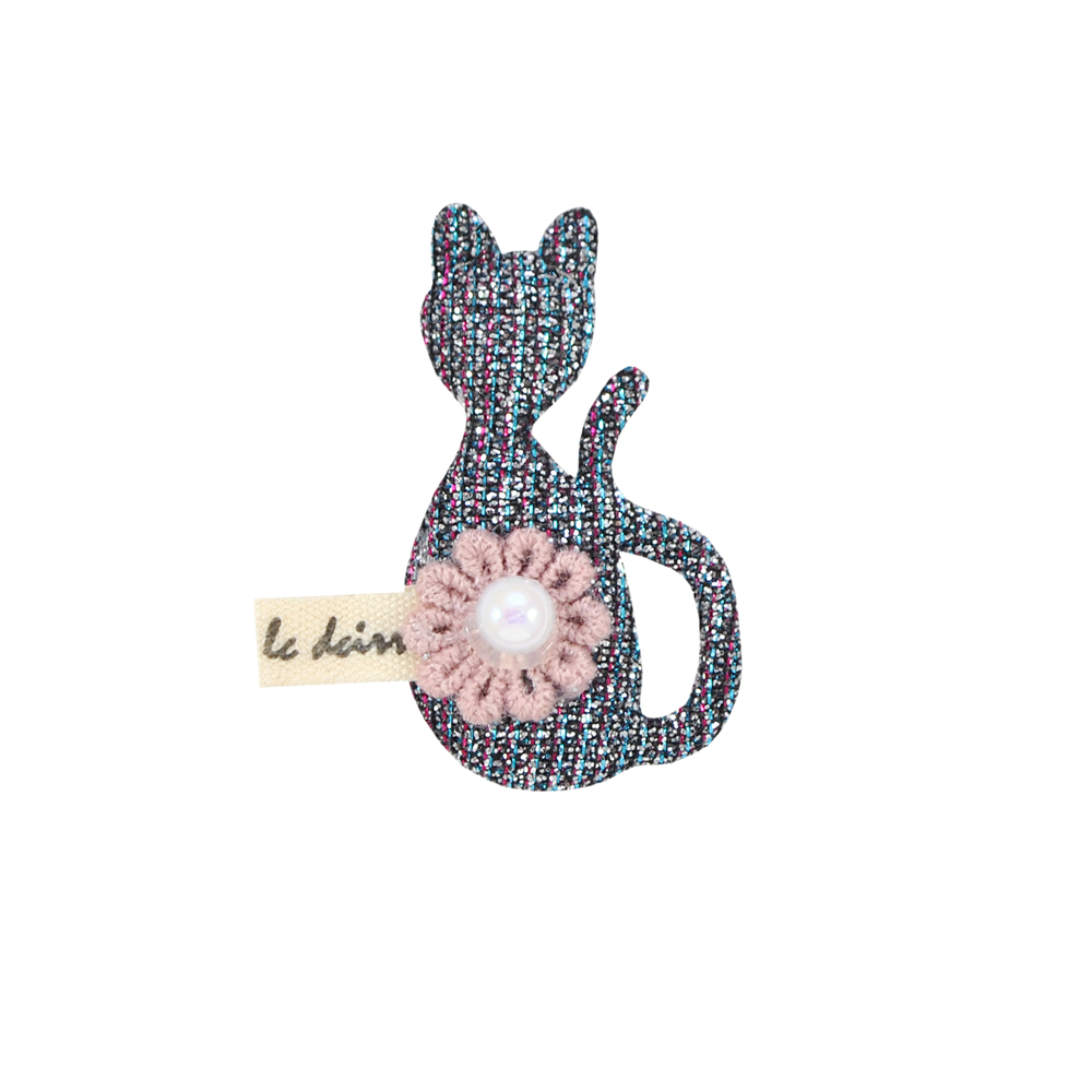 Аппликация тканевая пришивная детская Кот с цветком 2,5*4,5см, черный с серебром, люрекс, розовый, белая бусина, шт. Нашивка Детская