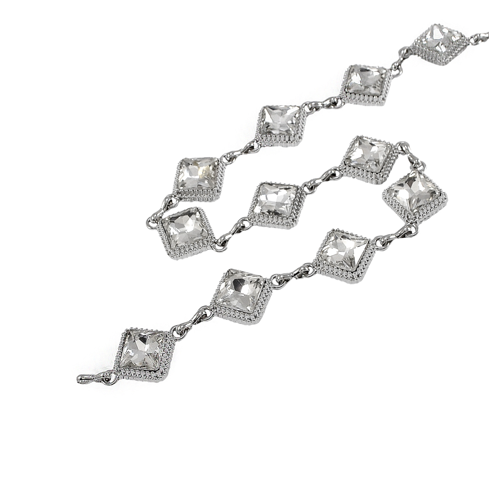 Тесьма стразы Ромб с белыми камнями,  1,8см, белый, серебро, ярд. Тесьма из страз