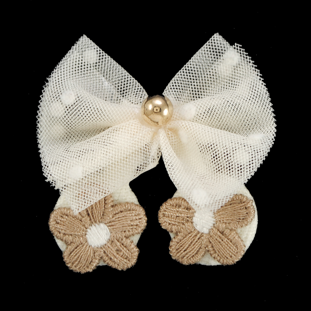 Аппликация тканевая пришивная детская Бант с цветами, 4*4см, белый, коричневый, бежевый, золотая бусина, шт. Аппликации Пришивные Цветы Банты