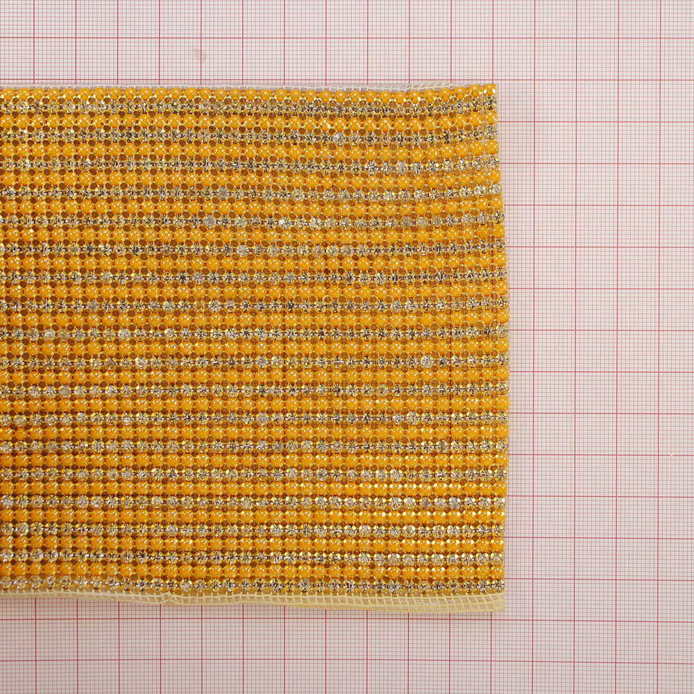 Тесьма стразы клеевые сетка 18мм GOLD, желтый жемчуг, белые камни, ярд. Тесьма из страз