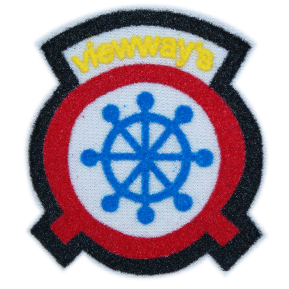 Термоаппликация флок VIEWWAY, 70*65мм, черный, желтый текст, красный круг, синий штурвал, шт. Термопереводки Флок