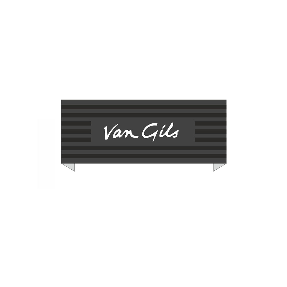 Этикетка тканевая вышитая Van Gils №1A, 8,5*2,5см, черная и белый лого /atkisatin/. Вышивка / этикетка тканевая