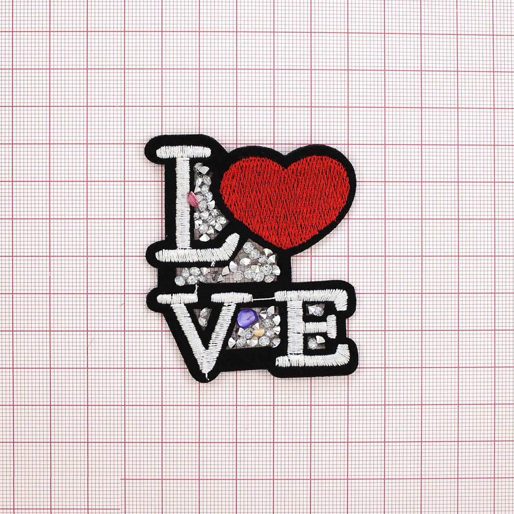Аппликация клеевая стразы LOVE с сердцем 6,5*5,8см красный, черный, белый, камни белые, шт. Аппликации клеевые Стразы комб.