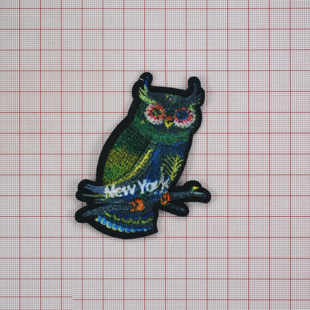 Нашивка тканевая Сова New York 6,5*8,5см темно-зеленый, зеленый, светло-зеленый, белый, розовый, шт. Нашивка Вышивка, Ткань
