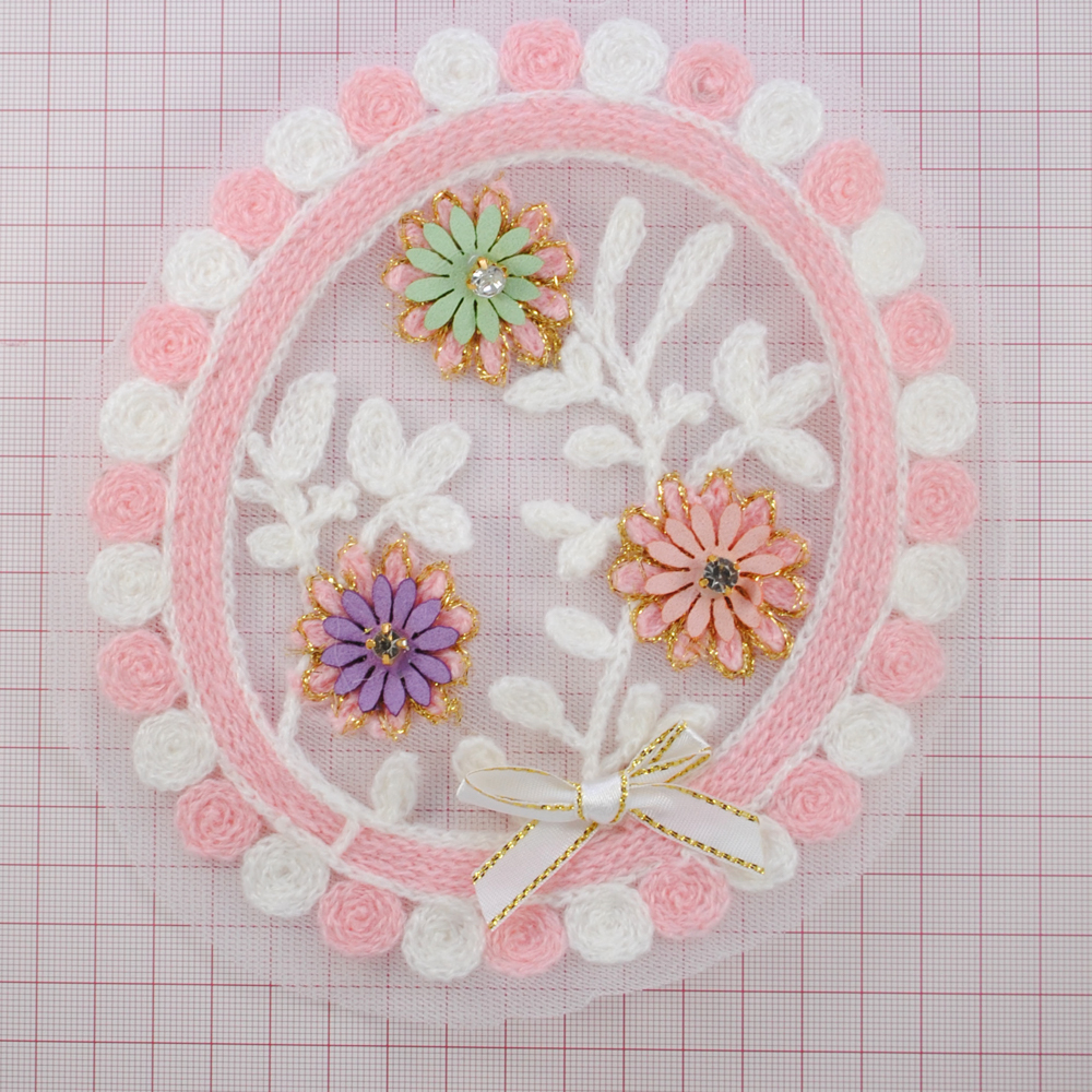Аппликация круж. приш. со стразами Маргаритки 15*17см, белый, св.-роз., золот.,  шт. Аппликации Пришивные Кружевные Вязаные