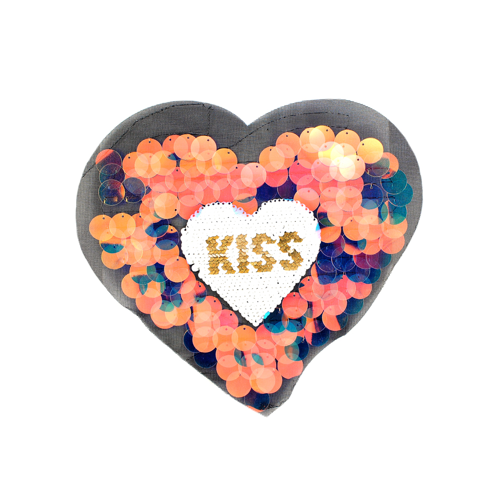 Аппликация пришивная пайетки Сердце KISS,  22*20см, каралловый, белый, золото, шт. Аппликации Пришивные Пайетки