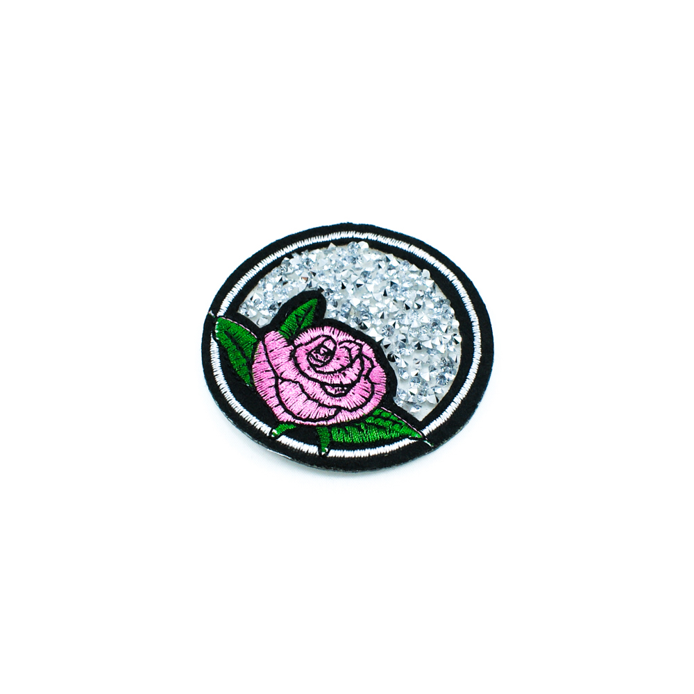 Аппликация клеевая стразы Роза в круге 7*7см черный, розовый, зеленый, белый, белые камни, шт. Аппликации клеевые Стразы