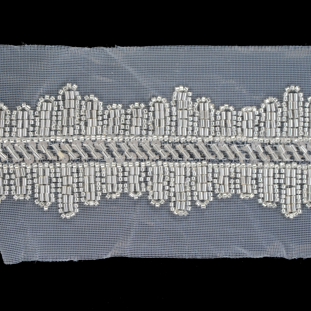 Тесьма на сетке 6см серебряный бисер, ярд. Тесьма