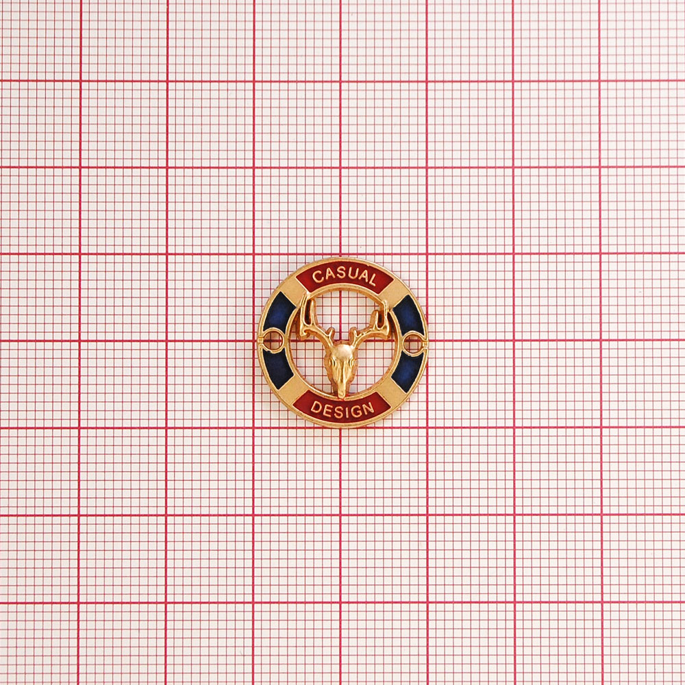 Лейба металл Casual Олень 20мм пришивная, mat. GOLD, красный, синяя эмаль. Лейба Металл