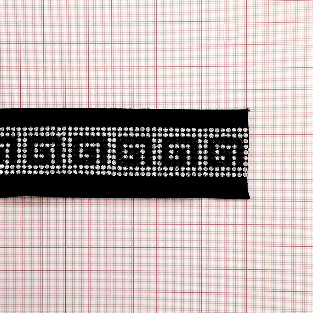 Резинка со стразми Орнамент,  4см, черная тесьма, белые и черные стразы, ярд. Резинка