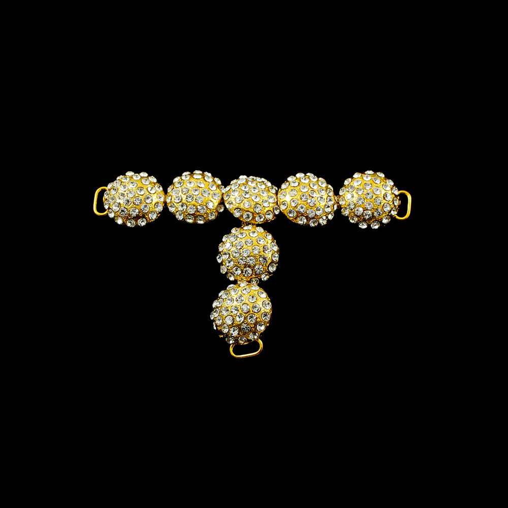 Украшение стеклянное 9370 перетяжка 3 угла, GOLD, 7 крупных Пуговиц, россыпь белые камни. Перетяжка металл со стразами