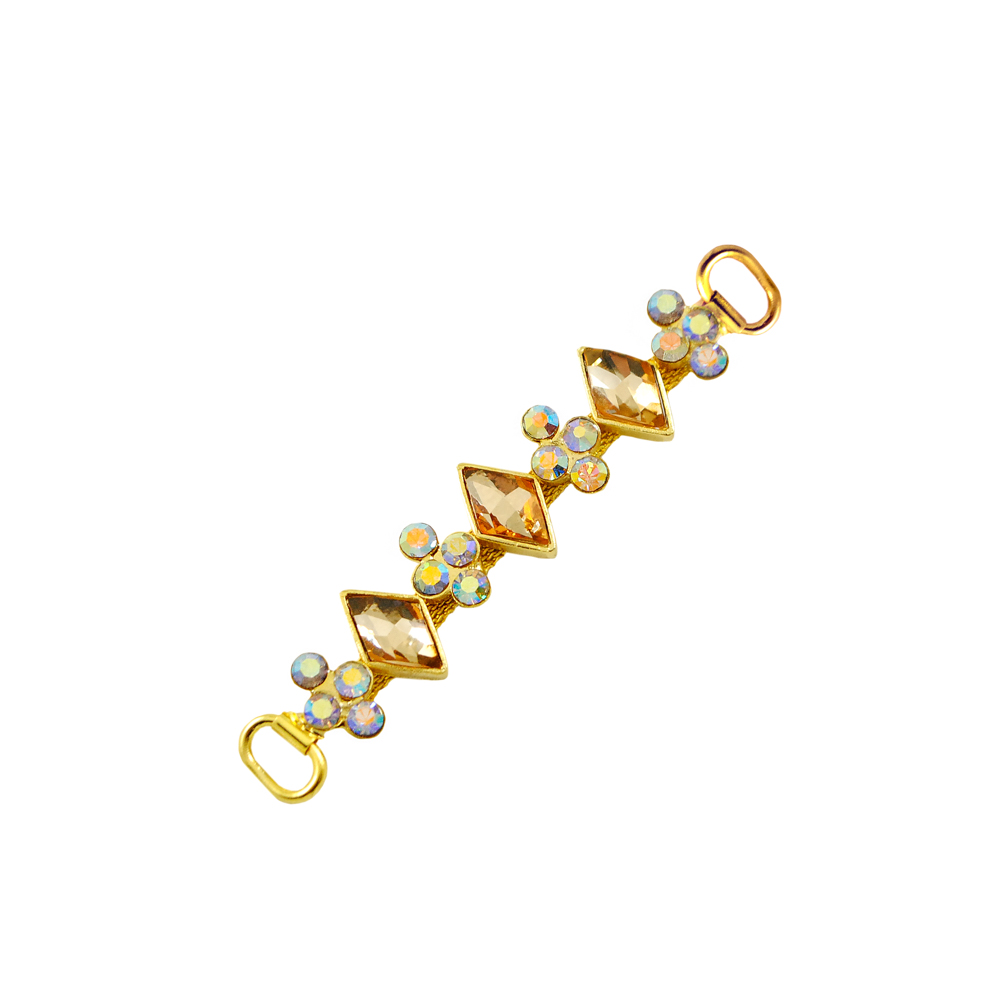 Укр.стекл.  HW-2122 перетяж. на цепи 8*1,4см GOLD, 3 желт.камня ромб, 4*4 бел.камни Цветки. Перетяжка металл со стразами