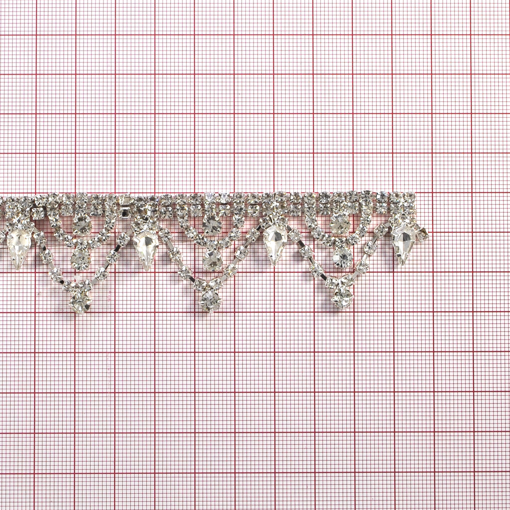 Тесьма стразы Орнамент, 3см, никель, белый, ярд. Тесьма из страз