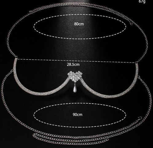 Цепочка для тела (поддержка груди) Сердце, цепи 80 и 90см, никель, белые камни, шт. Украшения