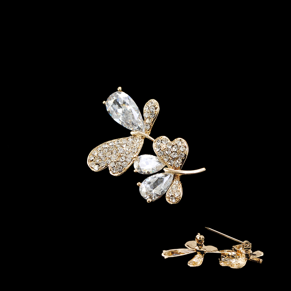Брошь 44 Веточка 3 капли 32*45мм, GOLD, белые камни, шт. Броши