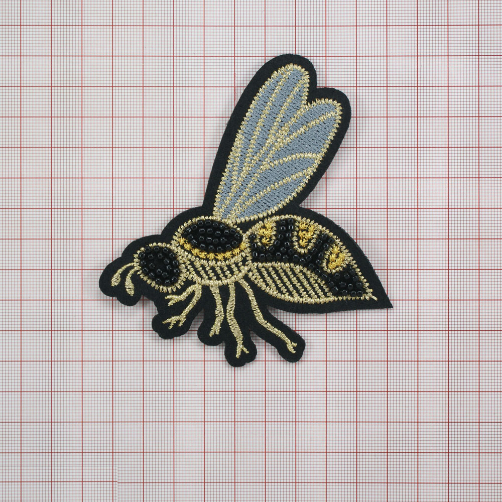 Аппликация пришивная бисер Пчела Профиль 10,2*8,2см черно-желто-белая вышивка, черный бисер, шт. Аппликации Пришивные Стразы, Бисер, Металл