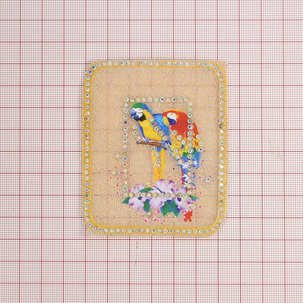 Аппликация клеевая стразы, стеклянная крошка Попугаи Ара 6*8см прозрачный бисер, хамелеон камни, шт. Аппликации клеевые Стразы комб.