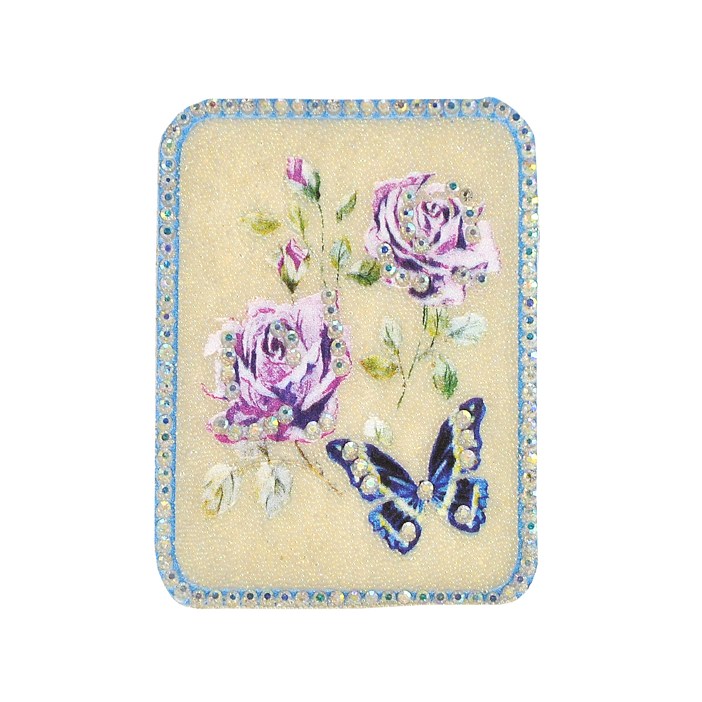 Аппликация клеевая стразы, стеклянная крошка Розы Сиреневые синяя Бабочка 6*8см прозрачный бисер, хамелеон камни, голубой кант, шт. Аппликации клеевые Стразы комб.
