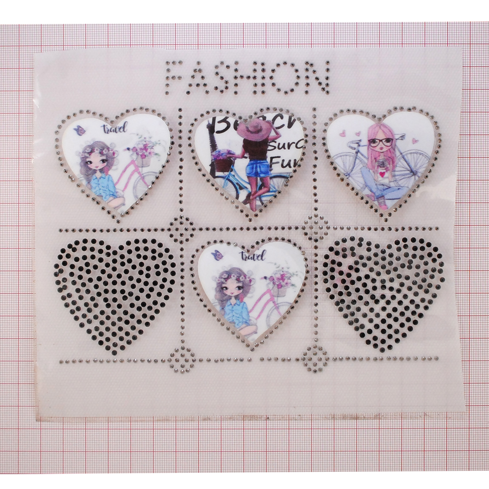 Термоаппликация стразы металл Fashion Сердца с девочками, 17*14см, коричневый, бежевый, черный, никель, шт. Аппликации клеевые Рисунки из страз