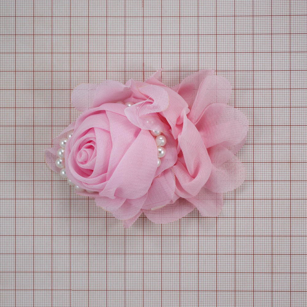 Аппликация декор № 14 Роза шифон розов, оборка-жемчуг. Аппликация Декор
