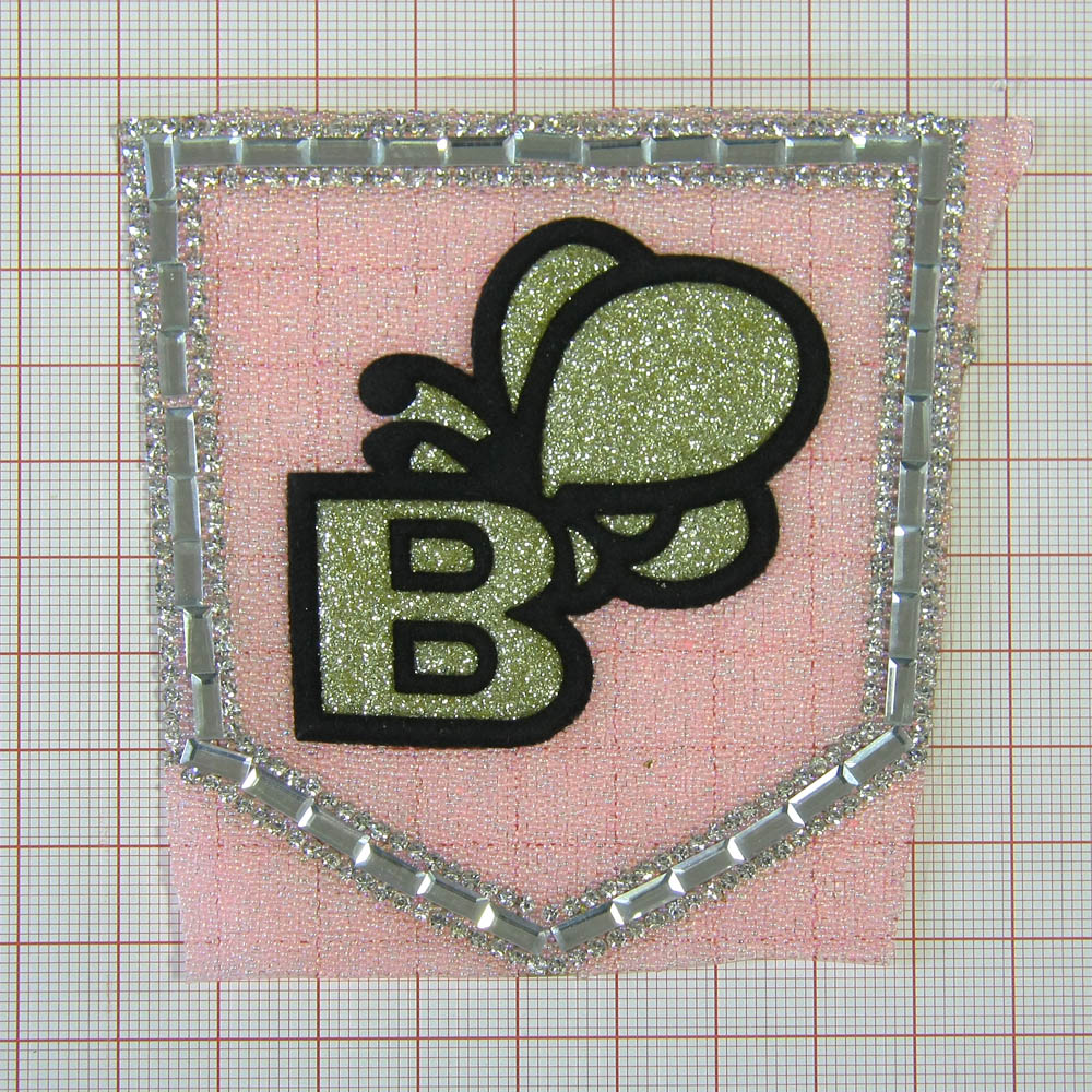 Аппликация клеевая стразы карман B Бабочка светло розовый, светло-золотой глиттер, черный замш, белые камни, 9*9см, шт. Аппликации клеевые Стразы комб.