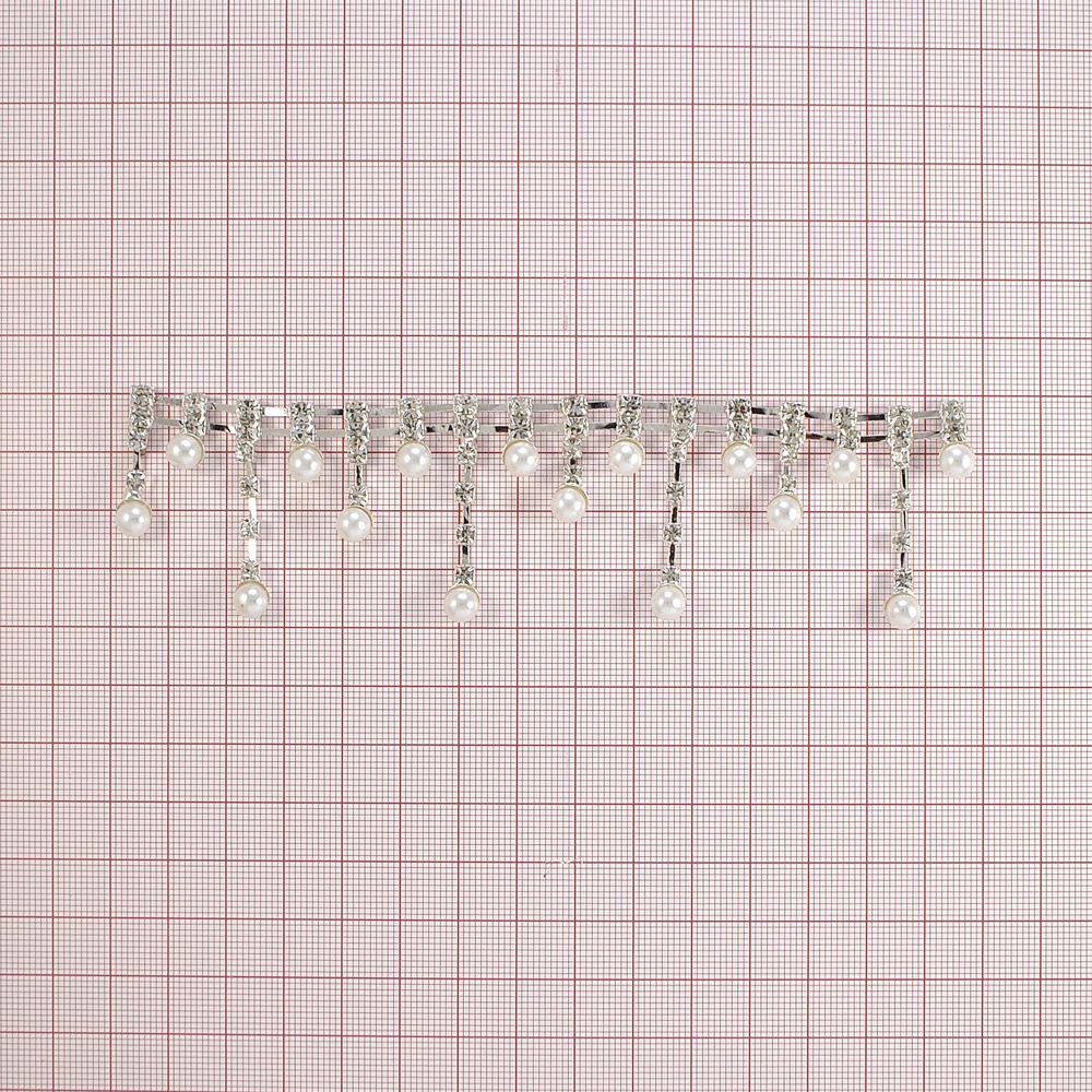 Тесьма стразы, подвески-жемчуг, 4см, никель, белый, ярд. Тесьма из страз