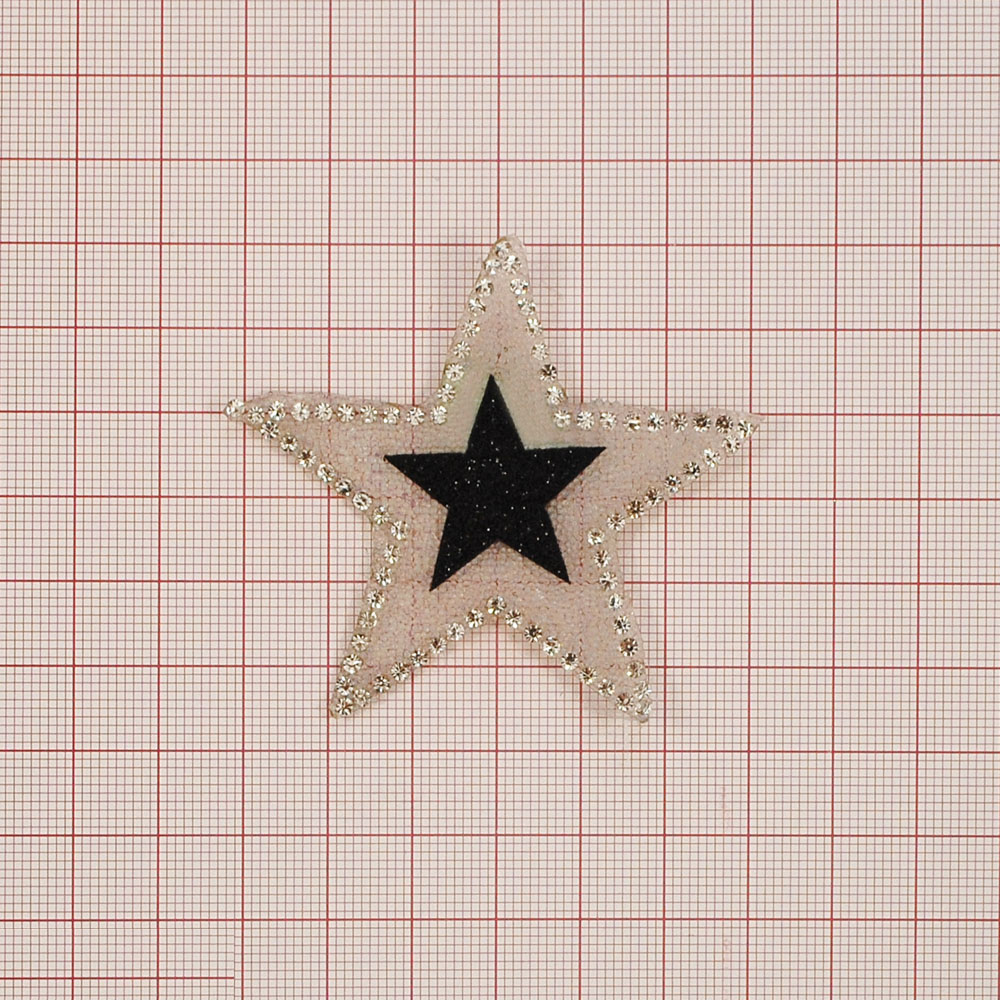 Аппликация клеевая глиттер стразы Звезда черный глиттер, серебро бисер россыпь, белые камни, 6*6см. Аппликации клеевые Глиттер