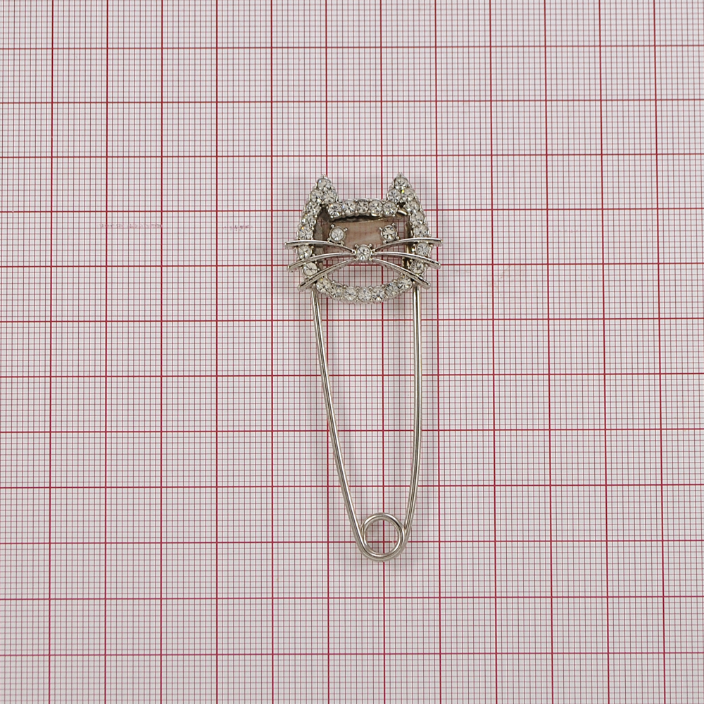 Булавка Мордочка кота, 7*3см, серебро, стразы, шт. Булавки