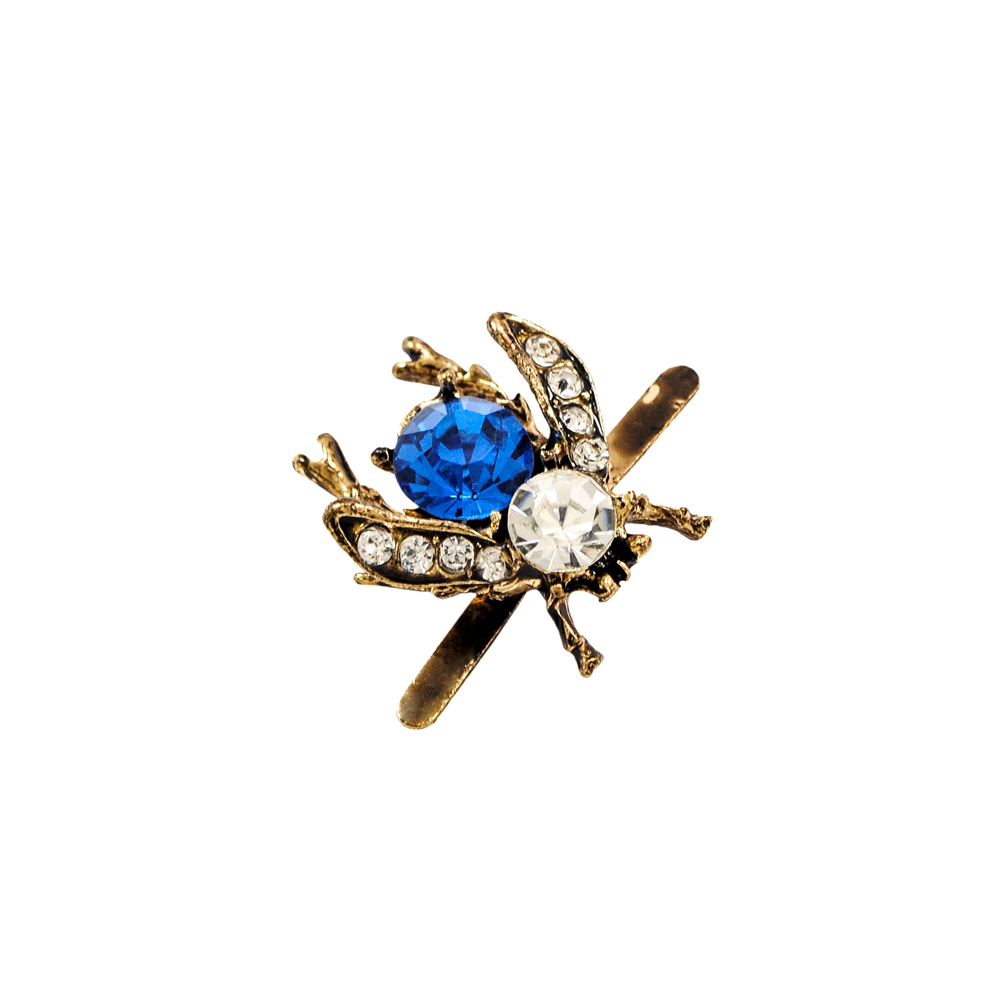Краб металл Муха синяя 2,5*2см, antic gold, синий, белые камни, шт. Крабы Металл Цветы, Жуки