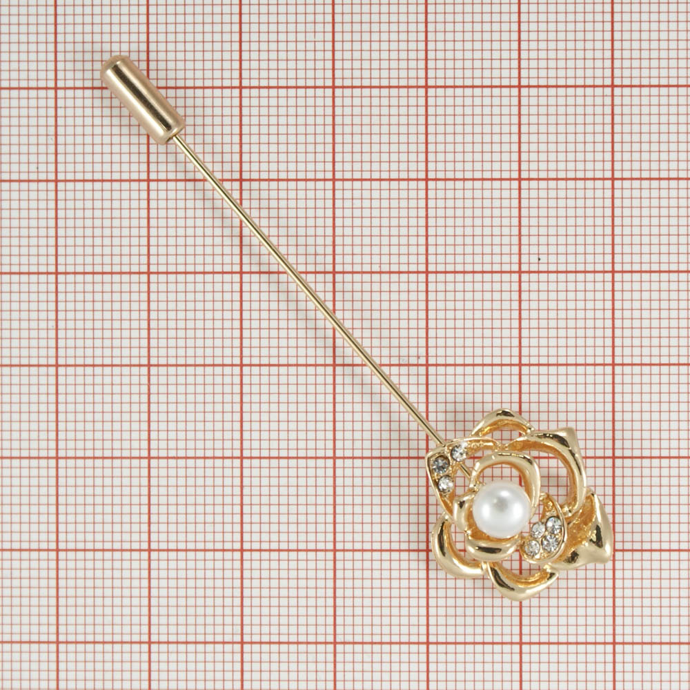Булавка Роза GOLD, белый жемчуг, белые камни, шт . Булавки