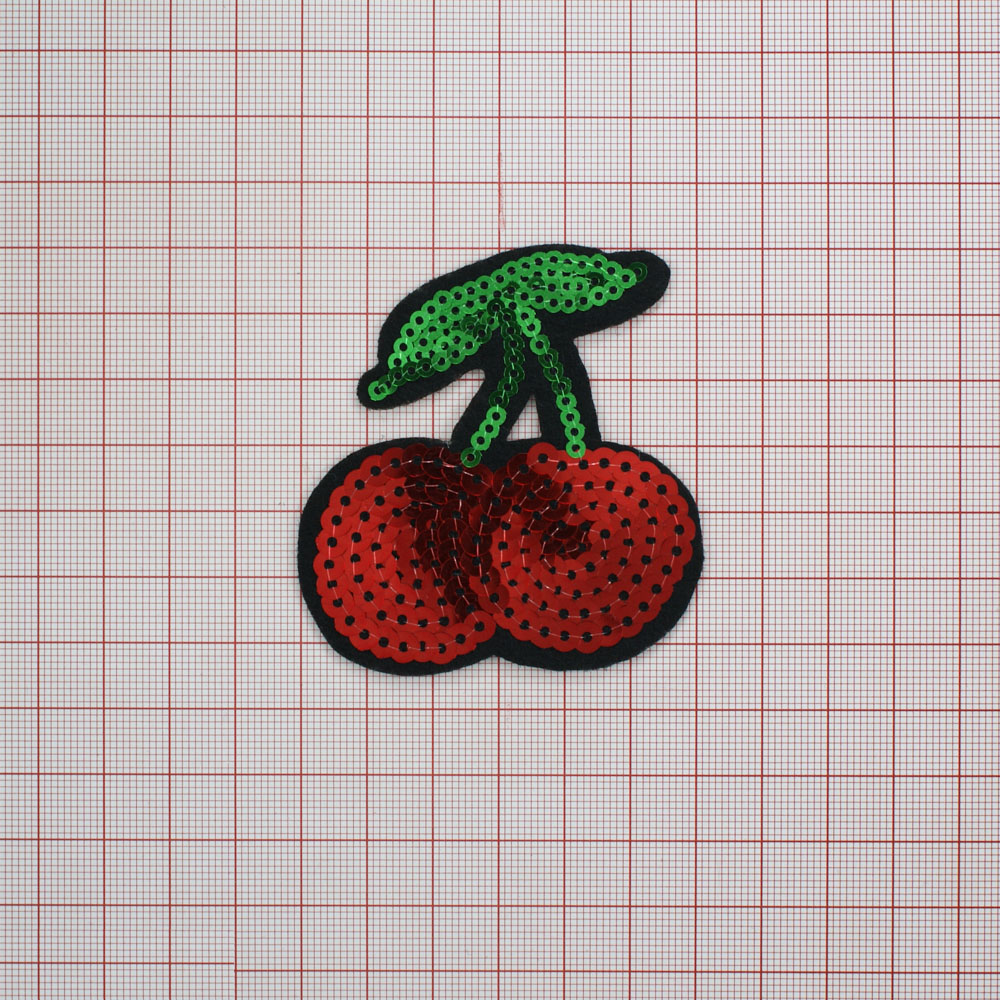 Аппликация клеевая пайетки Вишенки 7,5*6см зеленые, красные пайетки, шт. Аппликации клеевые Пайетки