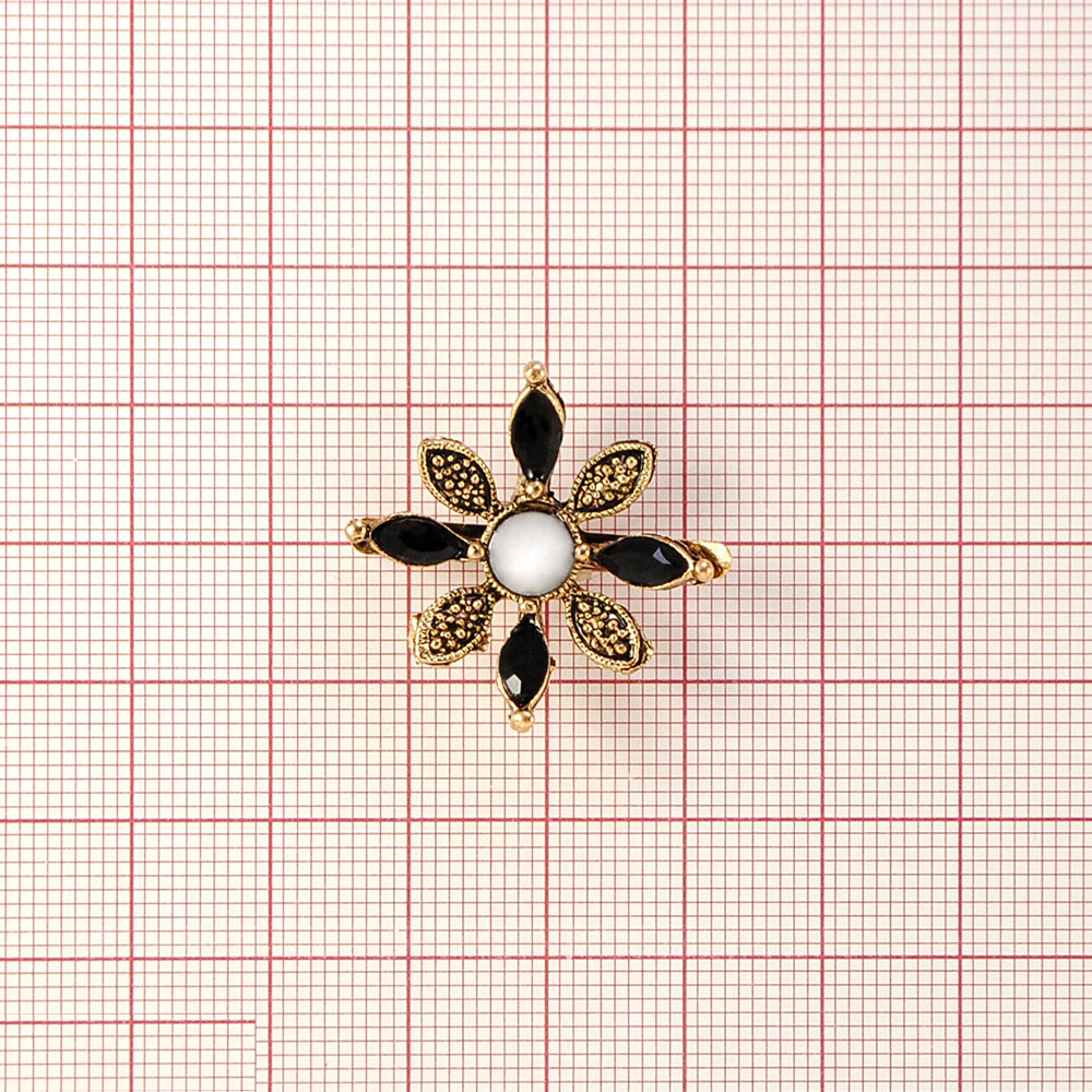 Краб Камни в металле Цветок 25*25мм antique brass, черные камни, серый жемчуг, шт. Крабы Металл Цветы, Жуки